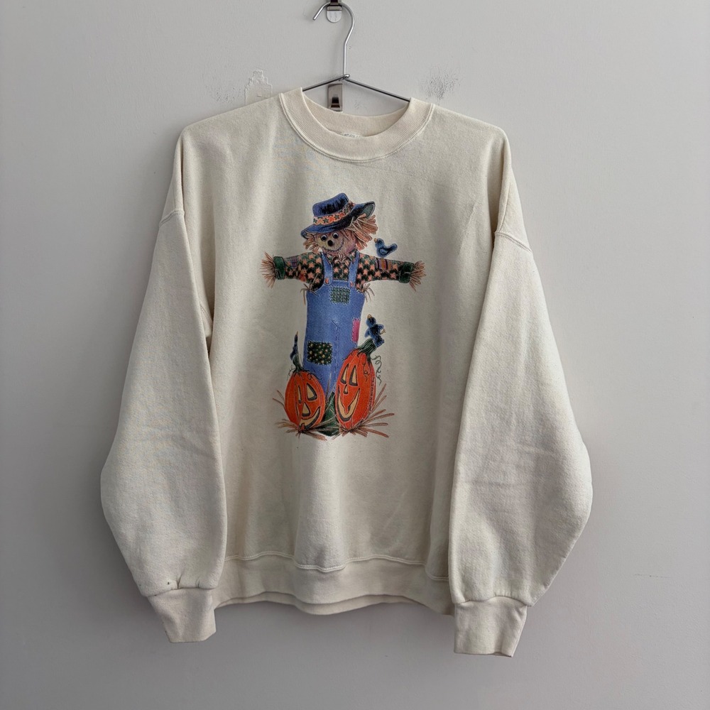 Vintage Fruit of the Loom Scarecrow Pumpkin Halloween Sweatshirt XL Cream